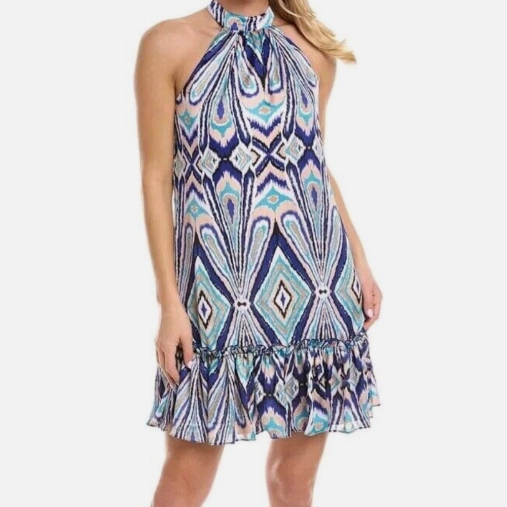 Trina Turk Zuri halter dress in peacock blue multi size Medium